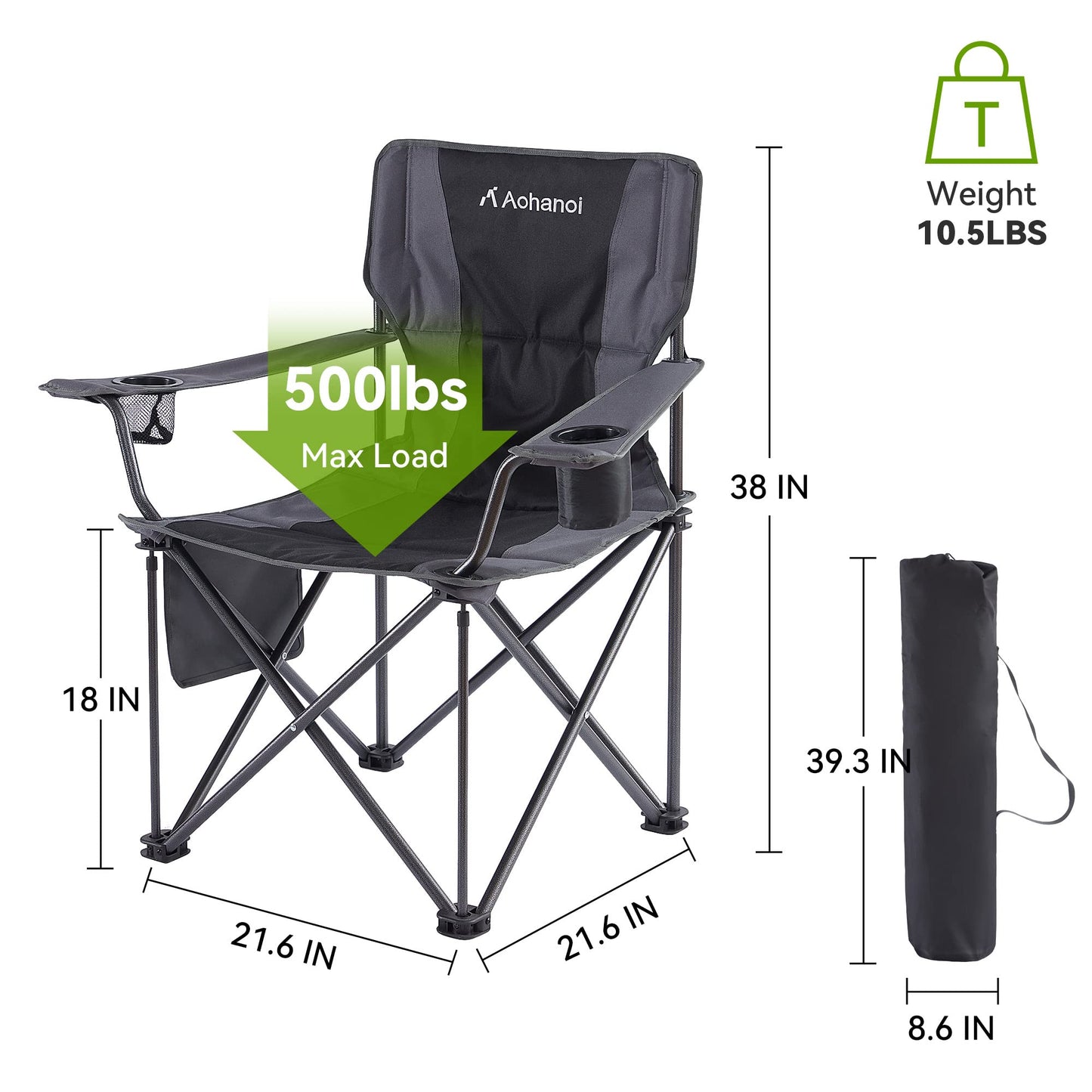 Aohanoi Oversized XL Camping Chairs for Adults, Padded Folding Camp Chair with High Back, Cup Holder & Side Pocket for Outside, Lawn, Beach, Fishing, Sports, Folding Heavy Duty Chairs, Black