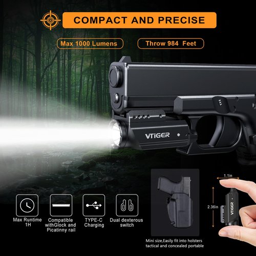 VTIGER PL1 Mini Powerful Compact Pistol Light, 1000 Lumens 984 FT Rechargeable Weapon Handgun Lights, Small Adjustable Rail-Mounted LED Tactical Flashlights for GL/1913 Picatinny Rail, IPX6