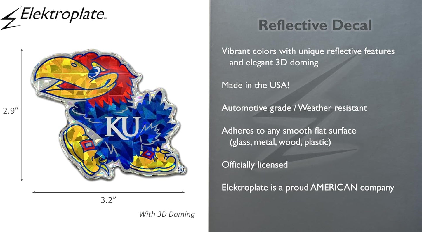 Elektroplate Officially Licensed Kansas Jayhawks Crimson & Blue Reflective Decal | Premium 3D All Weather Sticker for Car, Water Bottle, Laptop, Window, Cooler, Toolbox, Phone | Made in The USA