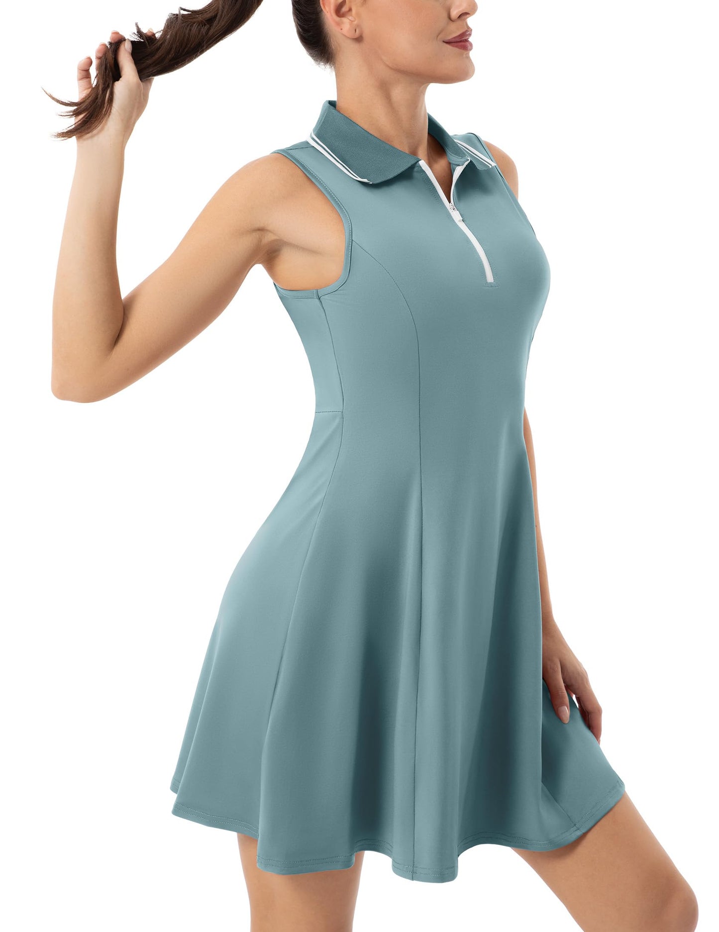 FKEEP Women's Tennis Golf Dress Sport Activewear Workout Athletic Zipper V-Neck with Shorts and Pocket (Lake Blue, L)