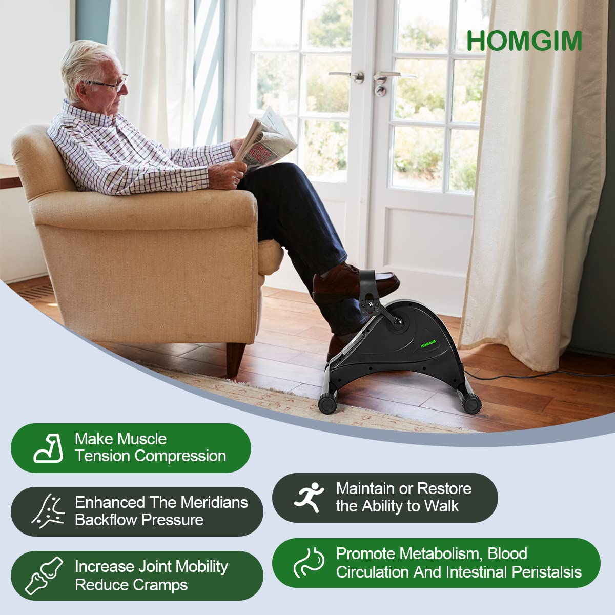 HOMGIM Motorized Mini Exercise Bike Electric Pedal Exerciser for Seniors Rehab Training, Under Desk Bike Pedal Exerciser for Arm/Leg Fitness & Physical Therapy, 6 Levels Speed Adjustment (Black)