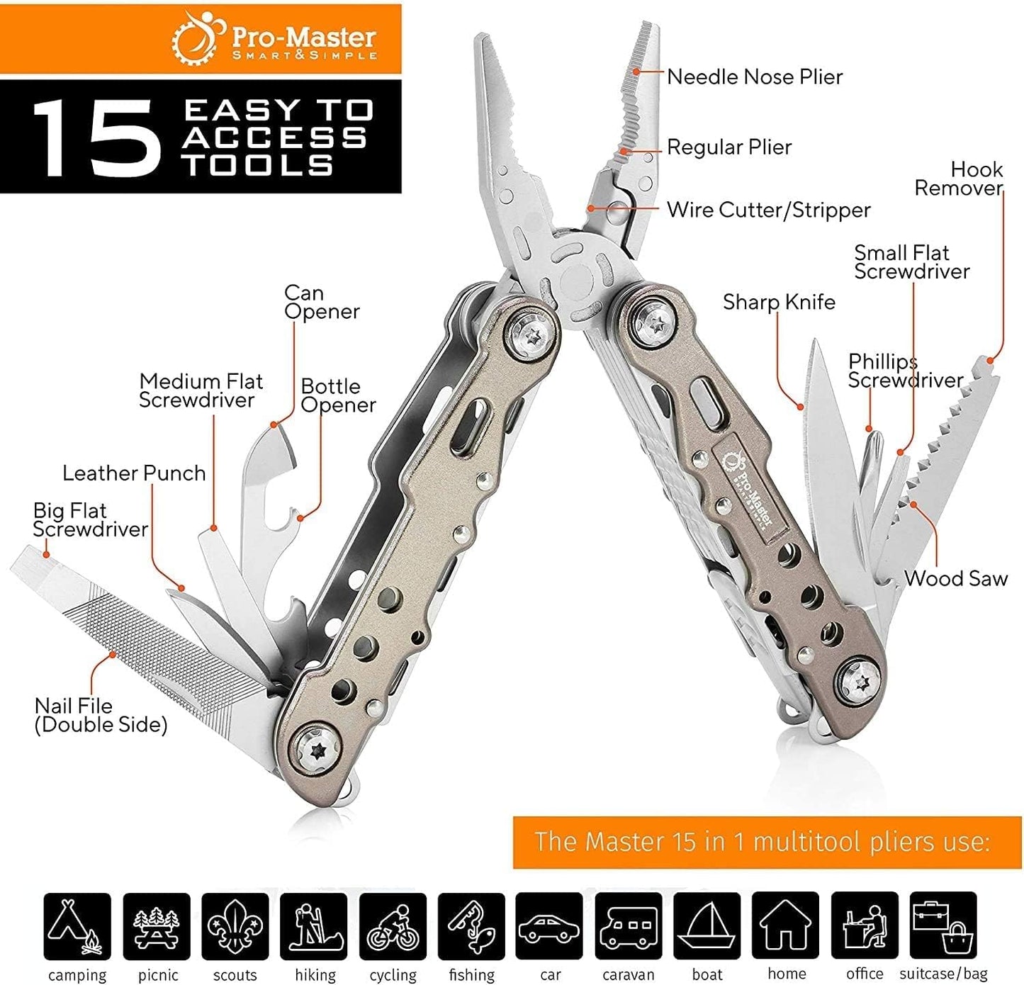 Multitool 15-in-1 with Safety-Locking, Stainless Steel Multi Tool Pliers, Functional Pocket Knife (EDC) for Outdoors, Camping, Hiking, Fishing, Simple Repir, Gift for Father, Husband Brother Boyfriend