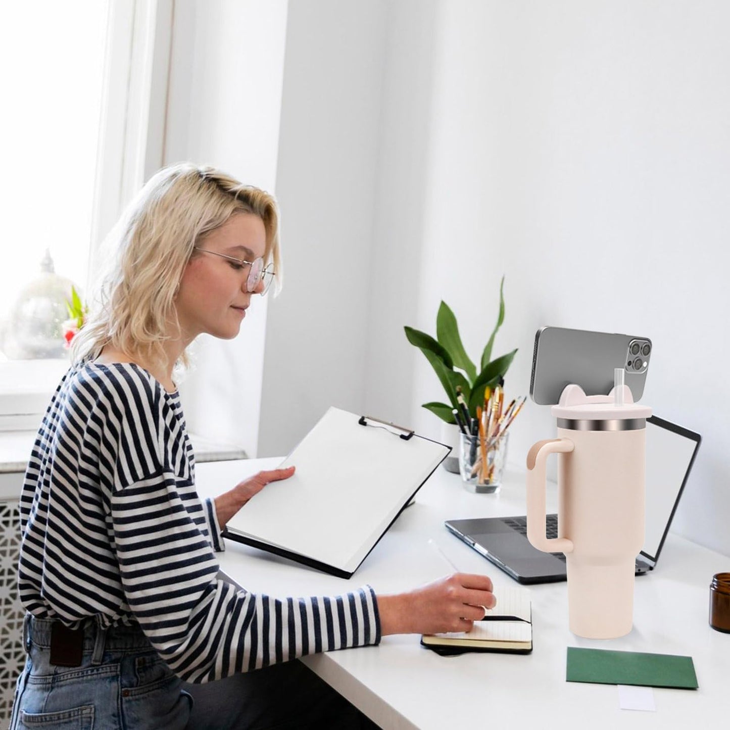 Genleas Tumbler Lids with Phone Shelf for Stanley cups 40 & 64 oz, Silicone Replacement Lids with Cell Phone Holder for Stanley Quencher H2.0 40 oz & 64 oz, Tumbler Cup Accessories for Stanley, Pink