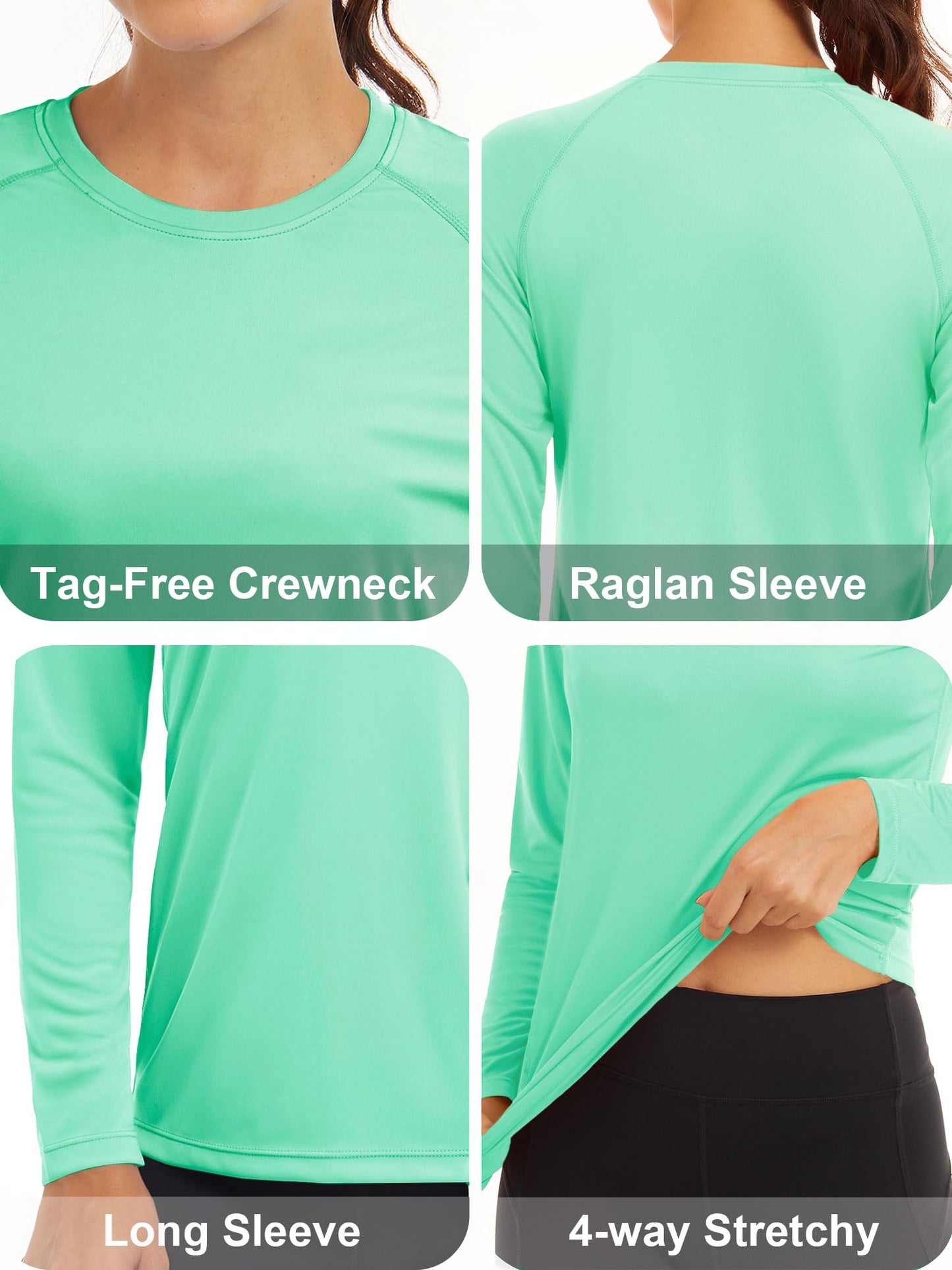 MAGCOMSEN Sun Protection Shirts for Women Rash Guard Shirts Swim Shirts Performance Athletic Shirts Workout Shirts for Women Long Sleeve Running Shirts Women Mint Green