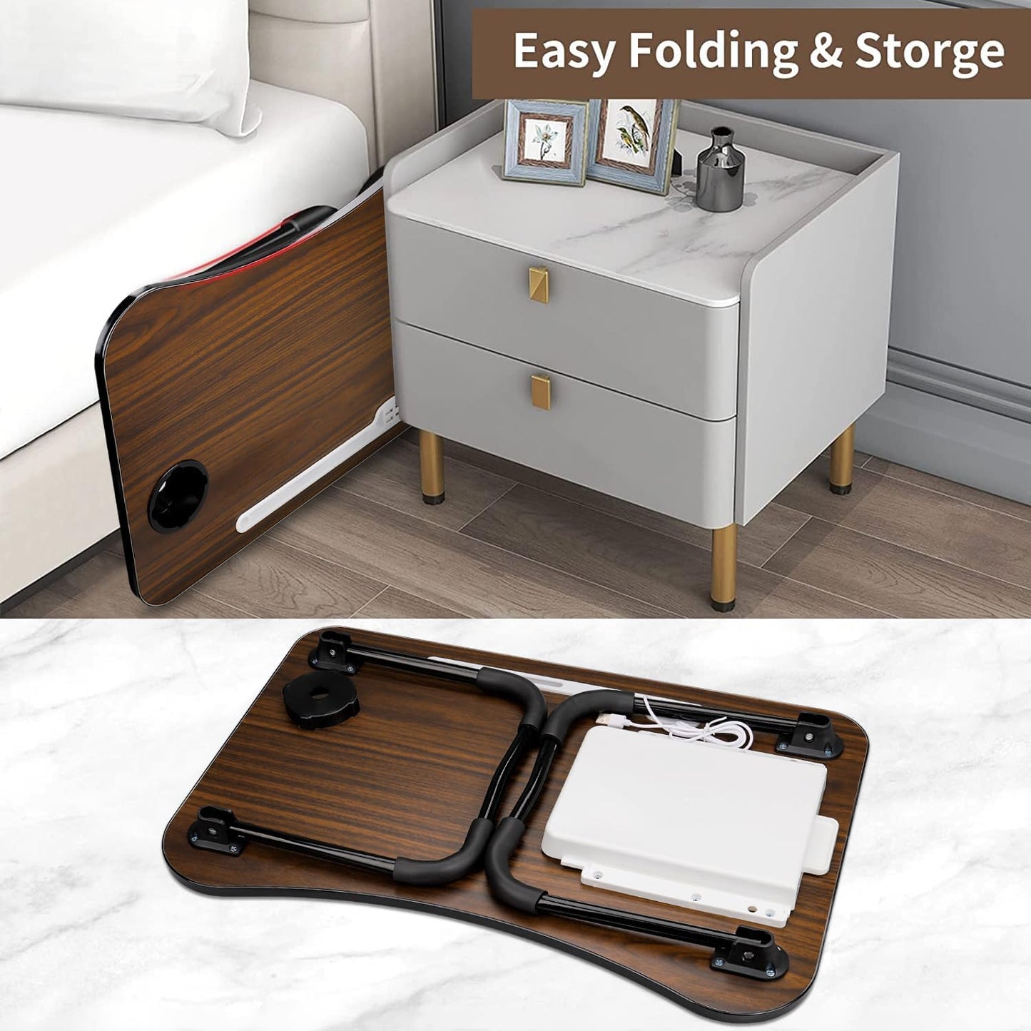 Laptop Bed Desk,Portable Foldable Laptop Lap Desk Tray Table with USB Charge Port/Cup Holder/Storage Drawer,for Bed/Couch/Sofa Working, Reading