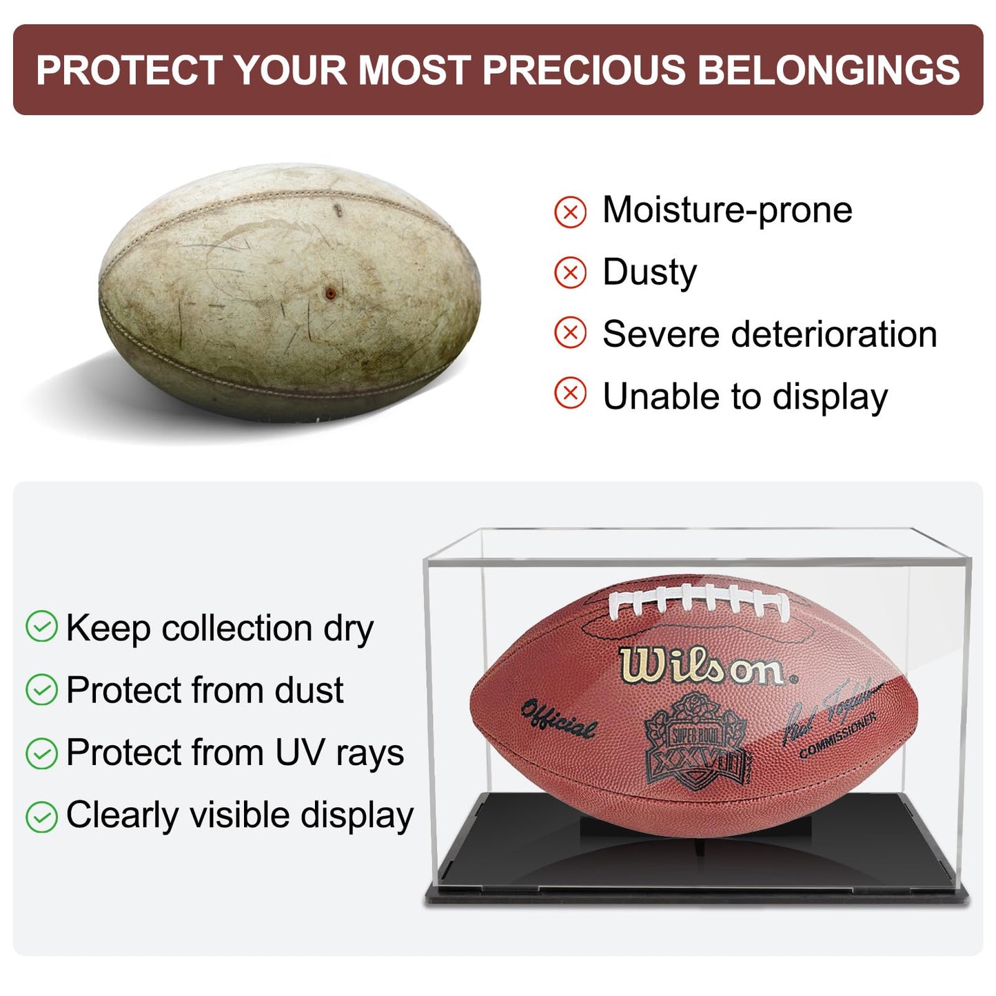 Football Display Case, Clear Acrylic Display Box Football Display Stand with Removable Built-in, Self-Assembly Memorabilia Display Box Cases Suitable for Autographed Footballs, Dolls, Models