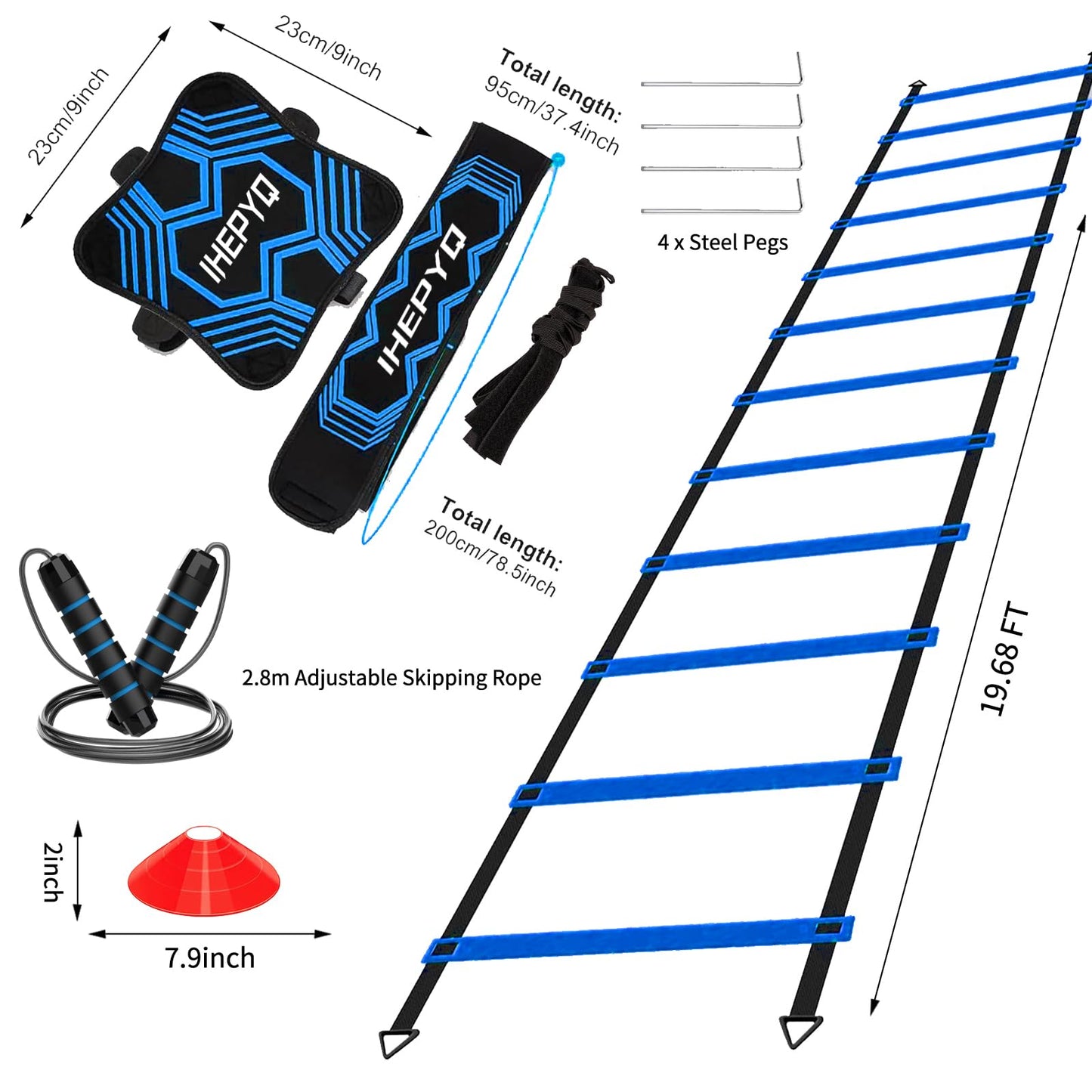 IHEPYQ Soccer Agility Training Equipment Set, 12 Rung 20Ft Agility Ladder, 12 Disc Cones,Solo Soccer Trainer, Jump Rope - Speed Training Equipment for Soccer Football Basketball-Blue
