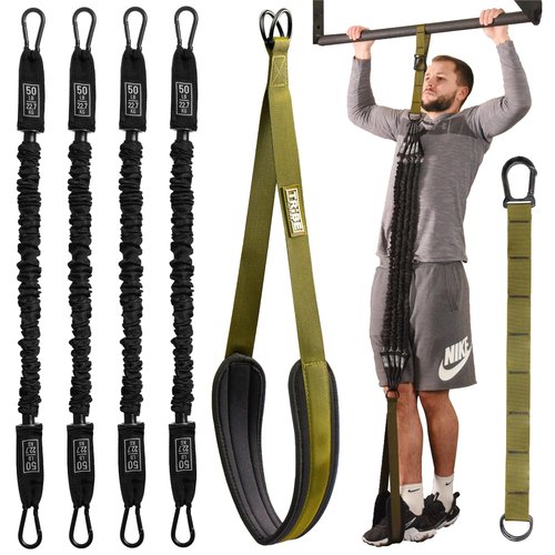Pull Up Assistance Bands Set - 4 Heavy-Duty Pull Up Bands, Height Adjustable Strap & Comfortable Foot Strap - Stackable Pull Up Resistance Bands for Pull Ups (Military Green)