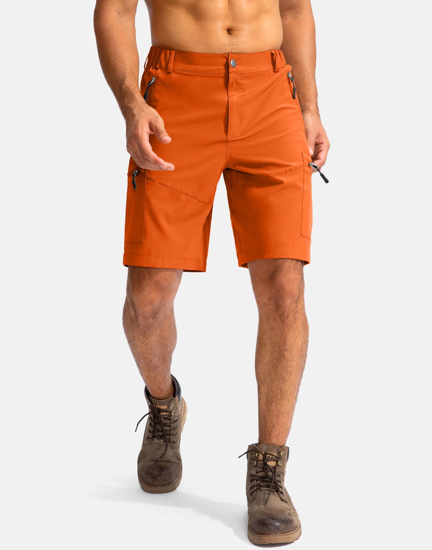 Pudolla Men's Hiking Cargo Shorts 9" Lightweight Outdoor Work Shorts for Men Travel Golf Camping Casual with 5 Zipper Pockets(Orange Large)