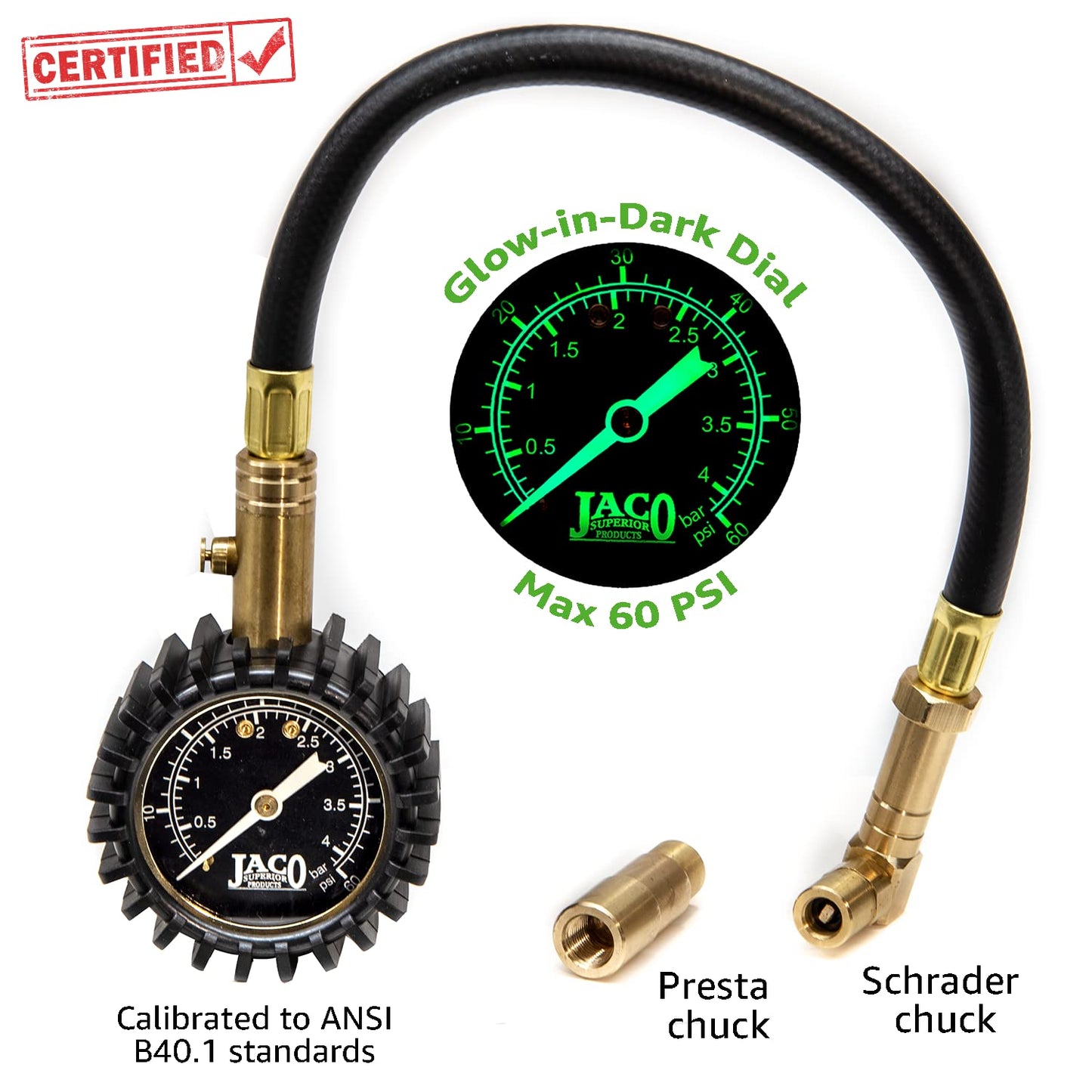 JACO BikePro Bike Tire Pressure Gauge - 160 PSI (Road Bike & BMX Series) | Presta + Schrader Air Chucks