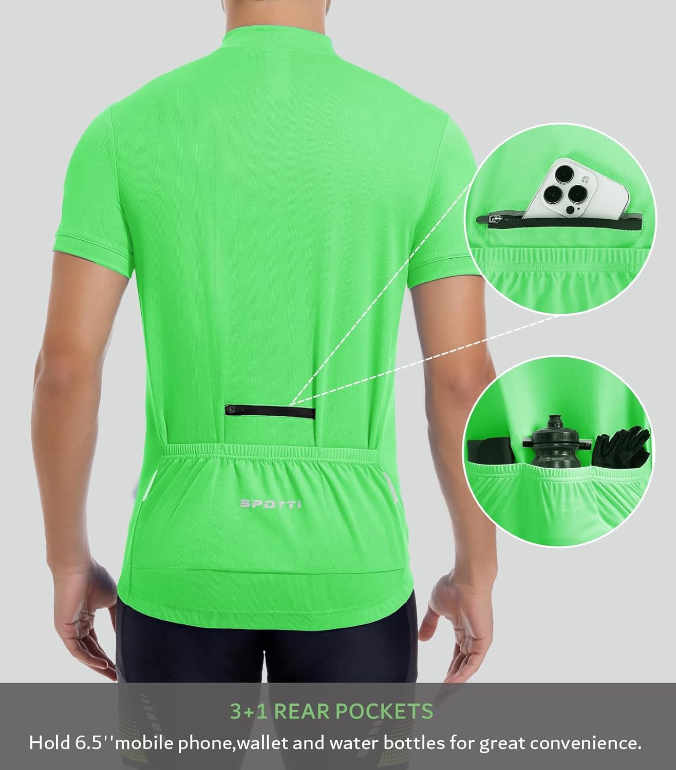 Spotti Men's Cycling Bike Jersey Short Sleeve with 3 Rear Pockets- Moisture Wicking, Breathable, Quick Dry Biking Shirt
