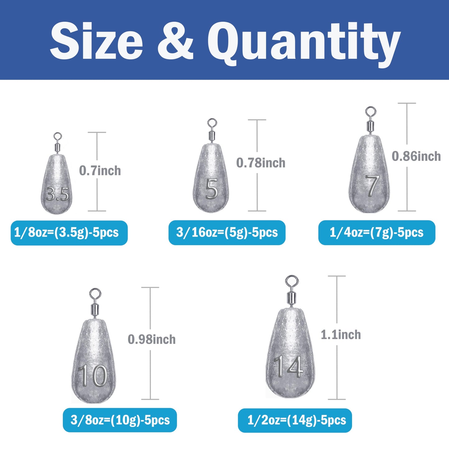 Fishing Weights Sinkers Kit 25pcs Bass Casting Weights Drop Shot Weights with Swivel for Freshwater Saltwater Catfish Weights