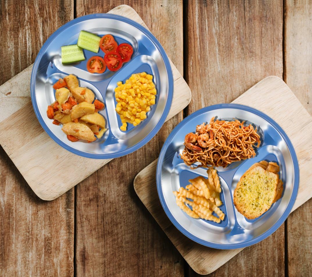 Portable Stainless Steel Plate Set - 4 Round BPA-Free Sectioned Plates with Travel Bag for Camping, Hiking, BBQ & Beach