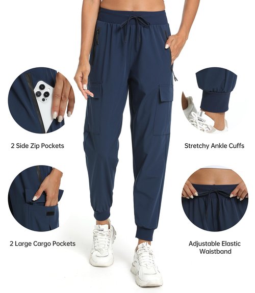 Womens Cargo Pants with Pocket Quick Dry Workout Athletic Joggers Drawstring Travel Casual Outdoor Camping Hiking Pants(Navy Blue M)