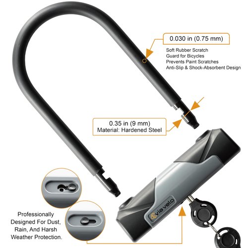Via Velo Bike U-Lock with Cable, Heavy Duty Anti-Theft Bicycle U Locks with 8mm Braided Steel and 3 Keys, 4ft Length Security Cable for Bike, Scooter Mountain Road Bike