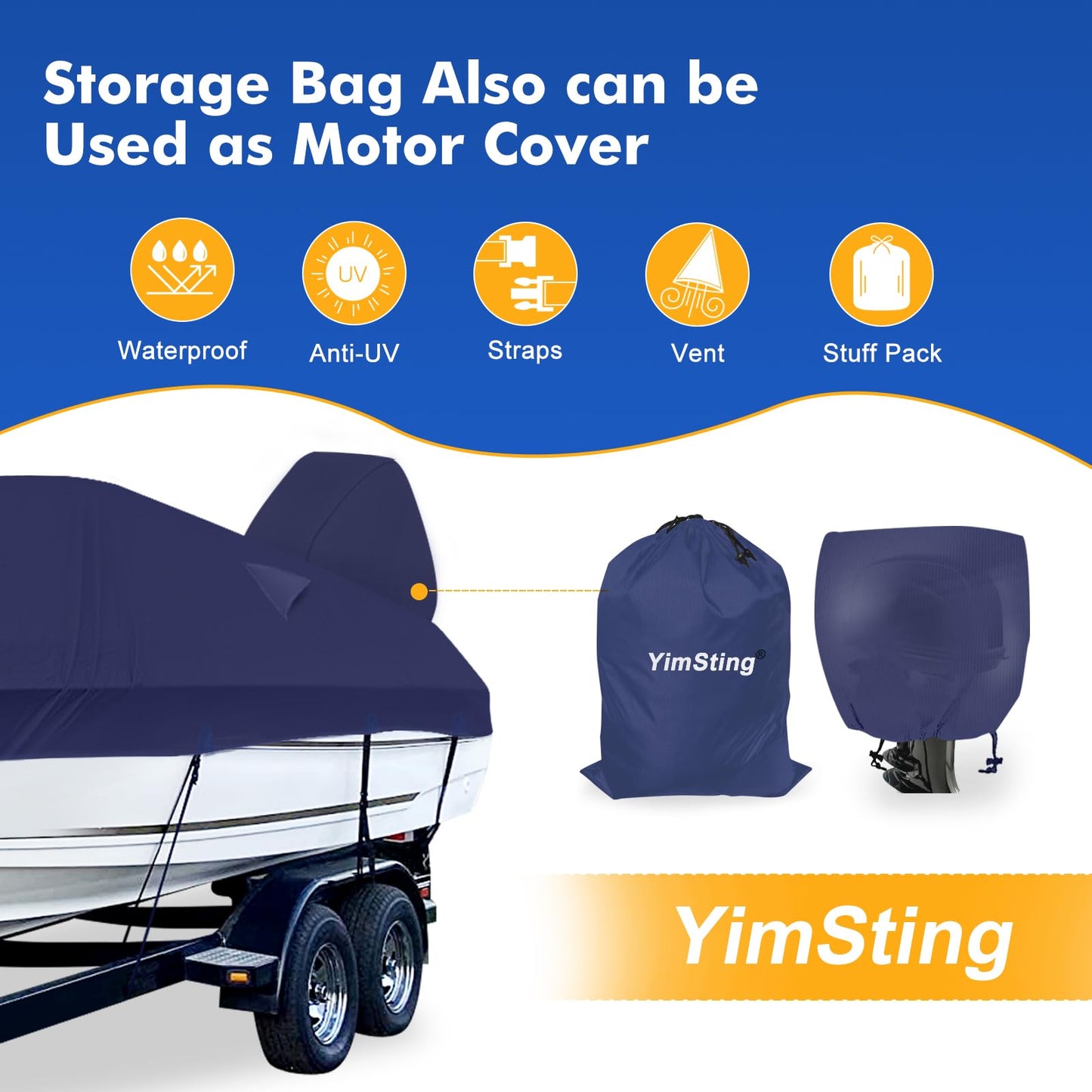 YimSting 1200D Waterproof Boat Cover - Fits 14' to 16' ft Bass, V-Hull, Tri-Hull, Fish & Ski, Runabout Bowrider Boats - Heavy Duty Canvas Navy Blue