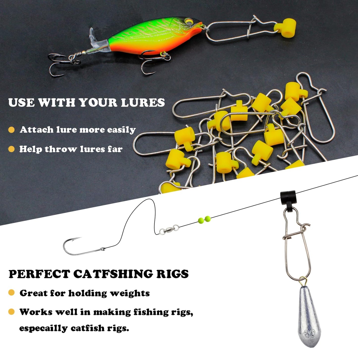 60 Pcs Fishing Line Sinker Slides Catfishing Rig with Duo Lock Snaps, Stainless Steel Heavy Duty Sinker Weights Connector Swivel Snap Kit Saltwater Slider Sinkers(4 Colors)