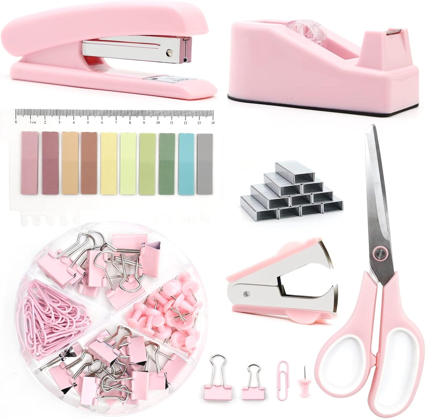 White Office Supplies, UPIHO White Desk Accessories, Stapler and Tape Dispenser Set for Women with Stapler,Tape Dispenser, Staple Remover, Staples,Scissor and Tabs for Students Office Clerks