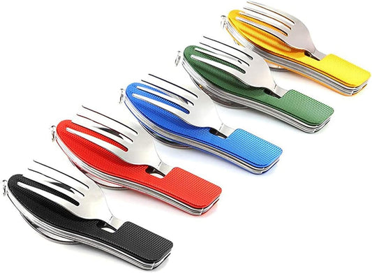 7-in-1 Camping Utensils - Portable Stainless Steel Camping Fork Spoon Knife Set for Hiking, Picnics Outdoor Enthusiasts, and Travel - Essential Survival Utensil Tool Kit