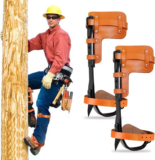 MYCGJH Upgrade Cow Leather Tree Climbing Spikes Set with Harness Belt, Scissors & Saw, Adjustable Tree Climbing Gear Pole Climbing Spurs Tool Tree Climbing Spikes for Outdoor Activities