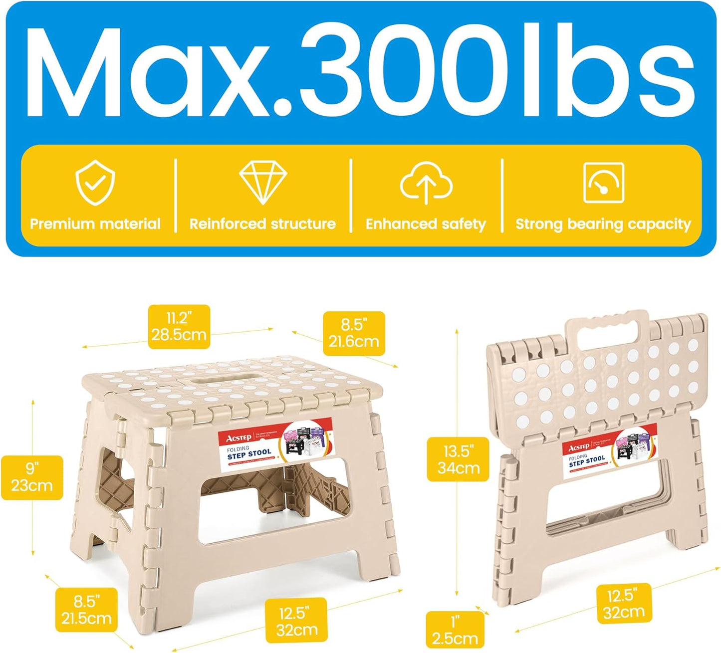 ACSTEP Folding Step Stool Foldable Stool 7.5 Inch Height Kids Step Stool, 300 lb Capacity Plastic Collapsible Stool, Stepping Stool with Handle Black Small Step Stool, Foot Stool Suitable for Kitchen