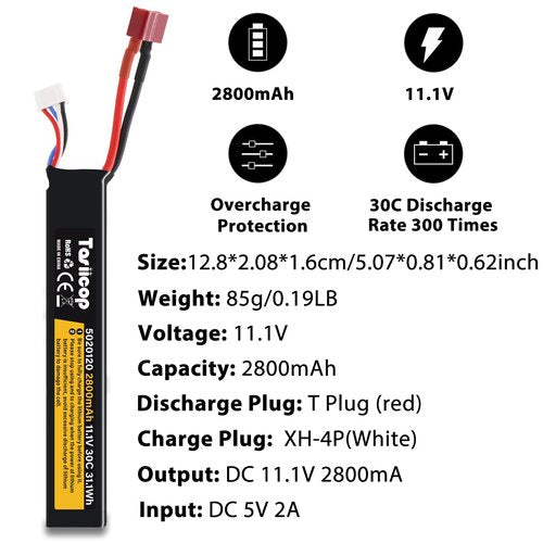Tosiicop 11.1V Airsoft Battery 2800mAh - Lipo Batteries 30C & XH-4P Connector with T Plug to Mini Tamiya Conversion Cable Rechargeable USB Charger for Airsoft Model Rifle Gel Blaster Accessories