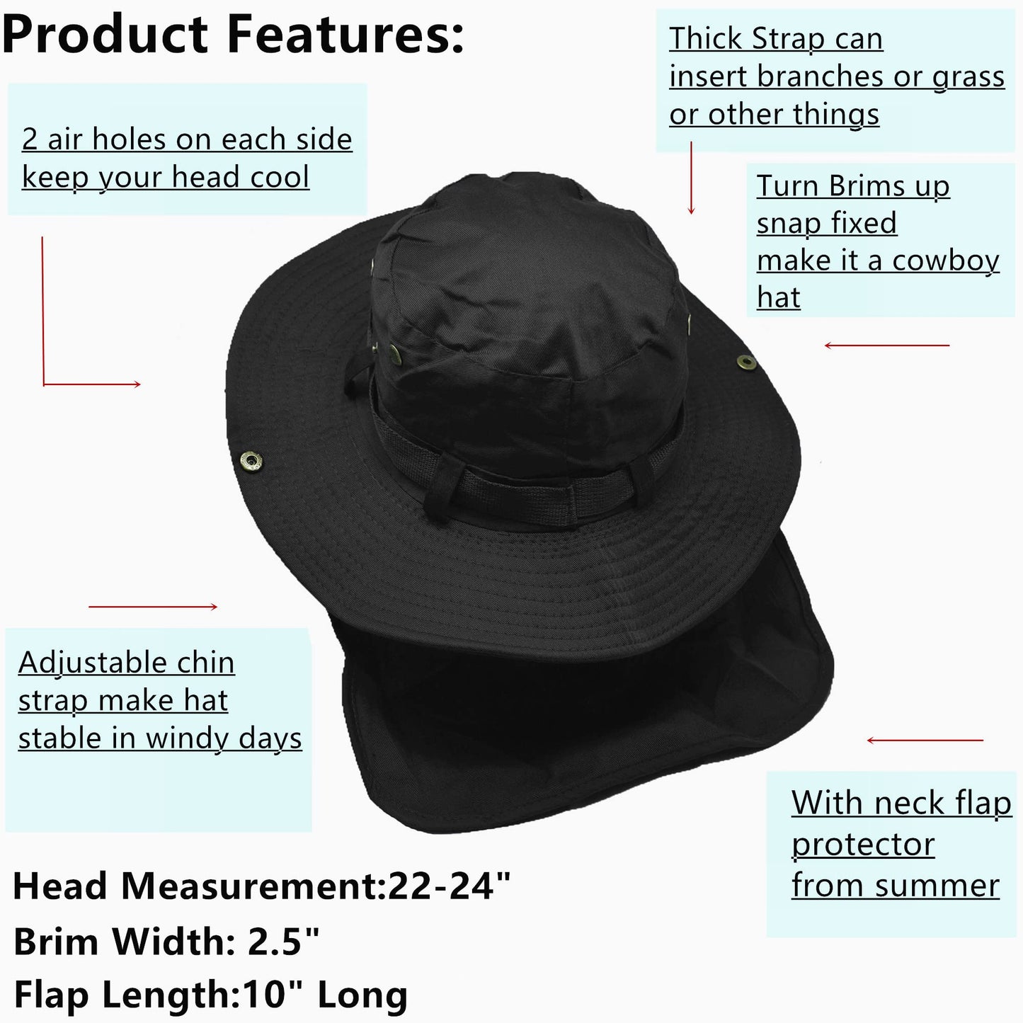 Glory Max Bucket Boonie Hat with Neck Flap Cover Sun Safari Wide Brim Fishing Garden Hiking Cap (Black)