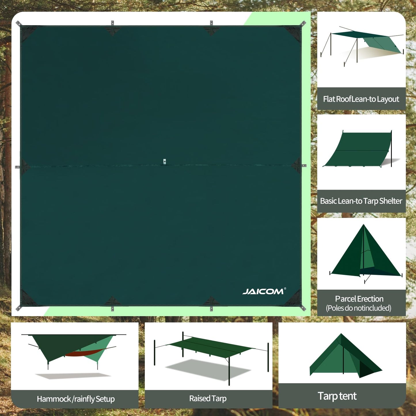 JAICOM Waterproof Camping Tarp - 10X10ft Hammock Rain Fly, Ultralight & Portable & UV Protection Backpacking Tarp, Multifunctional for Outdoor Adventure, Hiking, Tent, Hammock