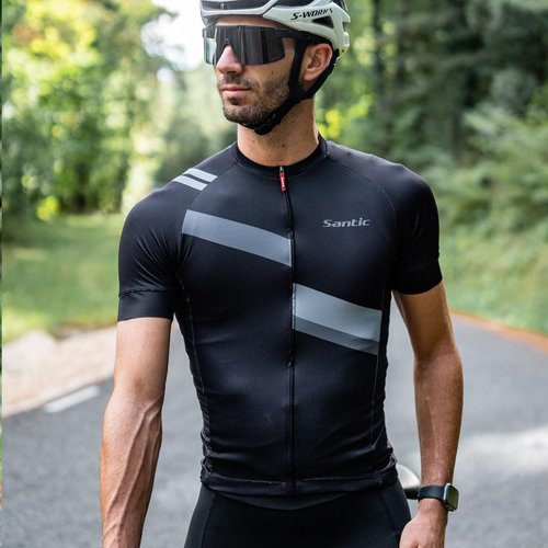 Santic Men's Cycling Jersey Shorts Sleeve Tops Pro Road Bike Bicycle Shirt Full Zip MTB Jersey with Pockets