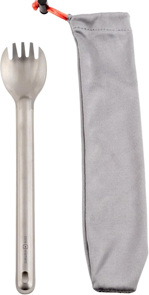 Core Element Pure Titanium 8.5" Long Handle Spork Outdoor Ultralight Bushcraft Campfire Flatware for Camping Backpacking Great for Freeze-dried meals Deep Pouch