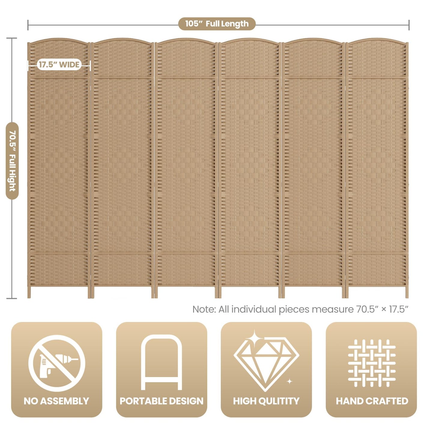 Cocosica 6 Panel Room Divider,6Ft Folding Privacy Screen,Tall - Extra Wide Foldable Panel Partition Wall Divider with Diamond Double-Weaved Hand-Woven Design Room Screen Divider