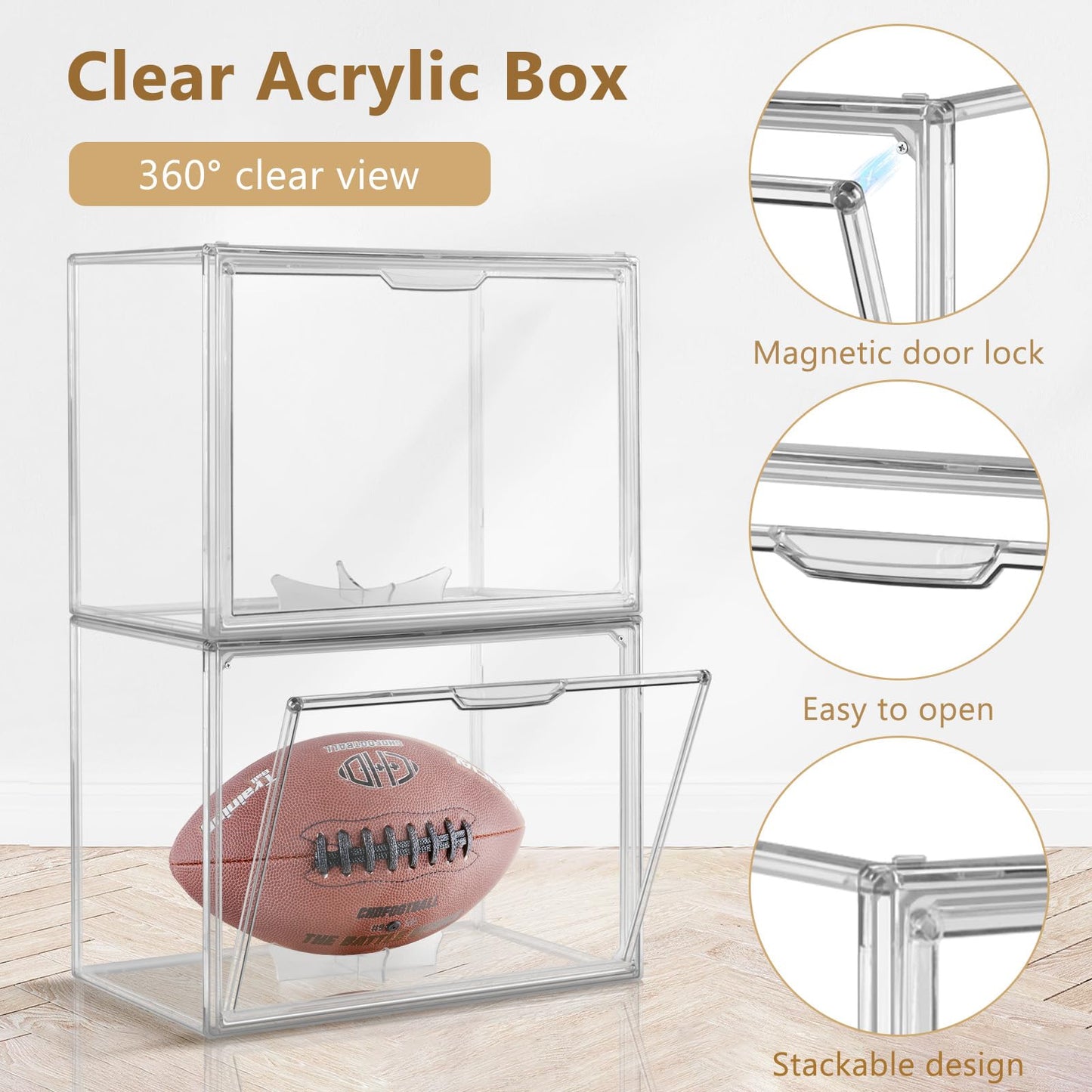 Football Display Case, Clear Stackable PET Storage Bins with Magnetic Attraction Lid, UV Protected Display Case for Autographed Footballs, Action Figure, Handbag, Models, Shoe Organizer