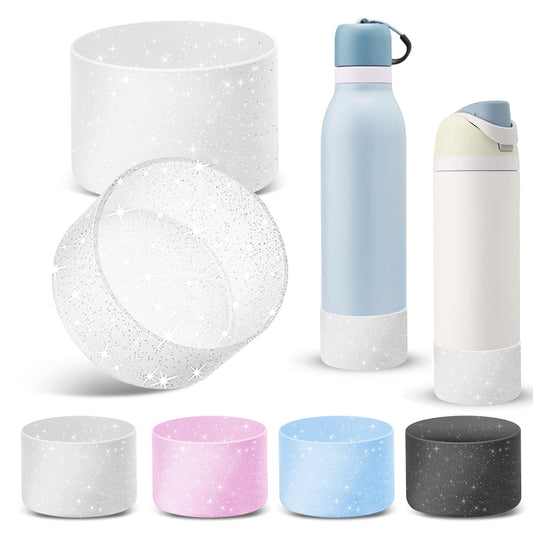 2 PCS Protective Glitter Silicone Boot for Owala 24oz Freesip Twist, Water Bottle Boot Accessories, No Scratche Bottom Bumper Protector for Cup with 2.85-2.95" Bottom, Bling No-Slip Sleeve Cover White