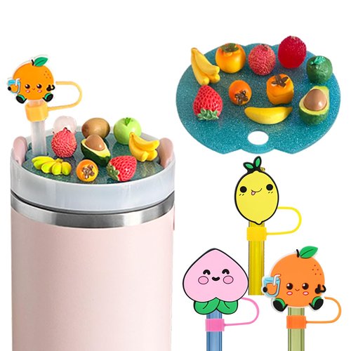 Xyntara Fruits Stanley Cup Lid Accessories 17pcs,Straw Toppers for Stanley Cups 40 Oz Cute,10mm Silicone Straw Covers Cap for Tumblers