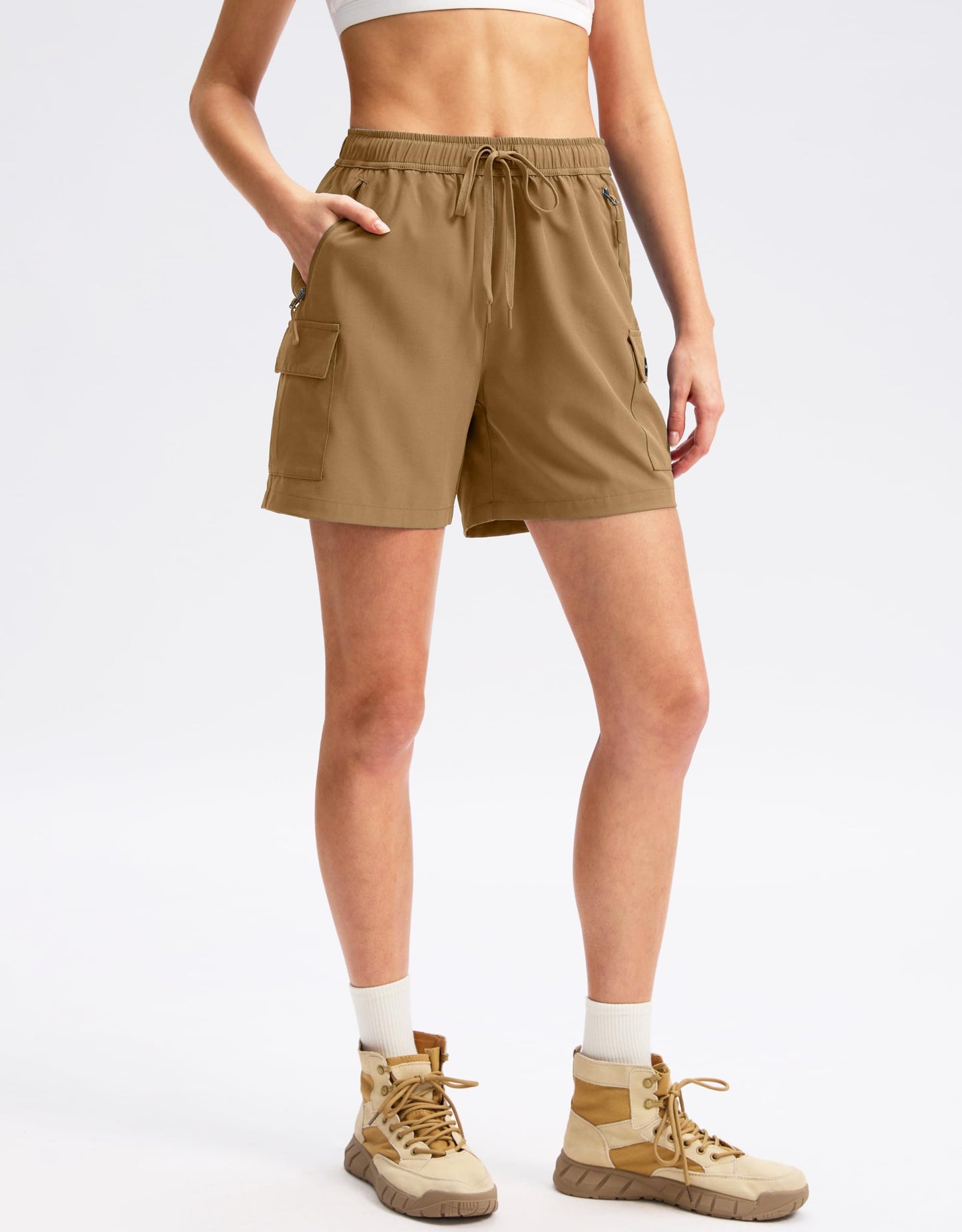 SANTINY Women's 5''/ 7''/9'' Hiking Cargo Shorts Quick Dry Lightweight Summer Shorts for Women Athletic Golf Zipper Pockets(Dark Khaki_L)