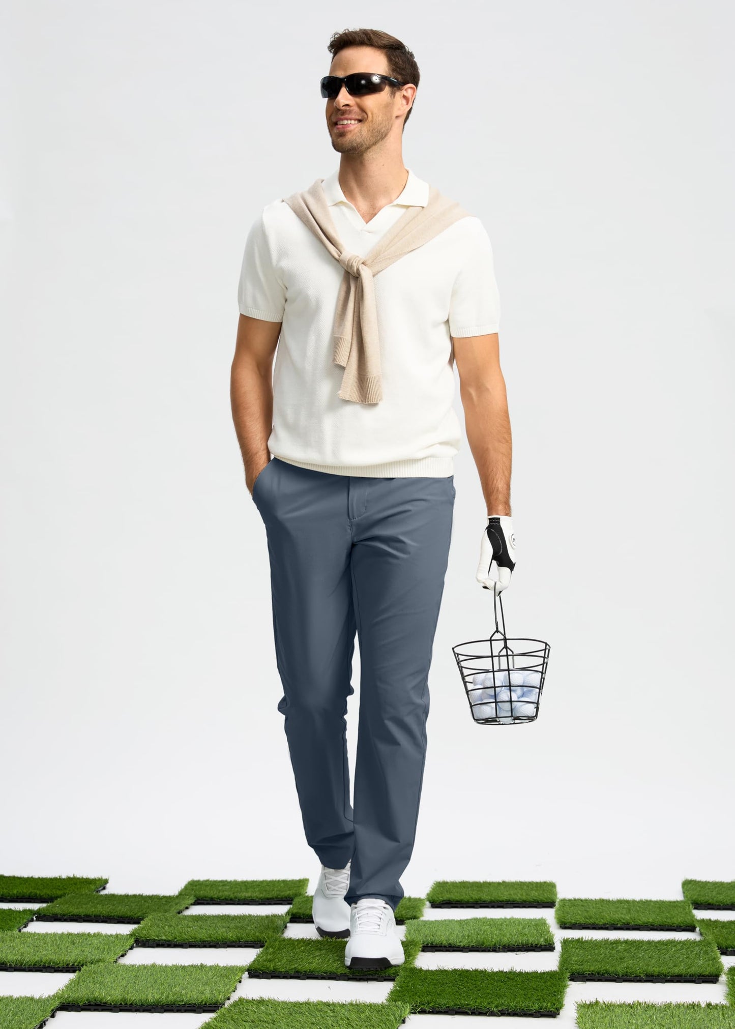 Pudolla Men's Golf Pants Work Dress Comfy Pants Casual Slacks Trousers with Pockets(Grey_Blue 35Wx32L)
