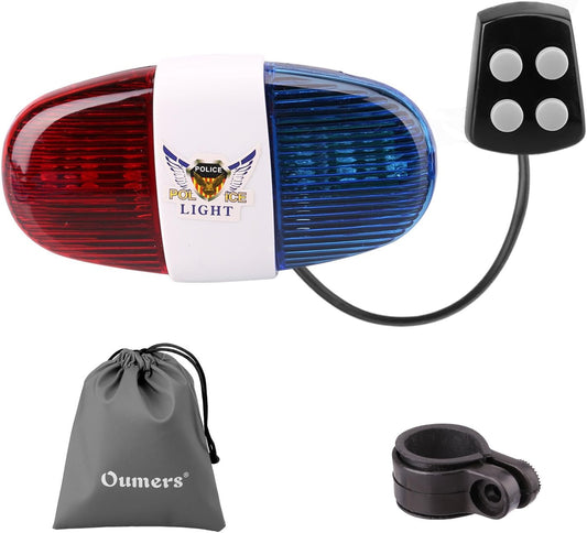 Oumers Bicycle Police Sound & Light, Bike LED Horn Siren, 6 LED Lights, 4 Sounds, Waterproof Accessories