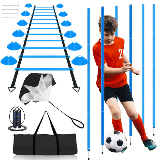 Agility Ladder Speed Training Equipment Set-20ft Agility Ladder, 6 Agility Poles, 12 Soccer Cones, Running Parachute, Jump Rope| Basketball Football Soccer Training Equipment for Kids Youth Adults