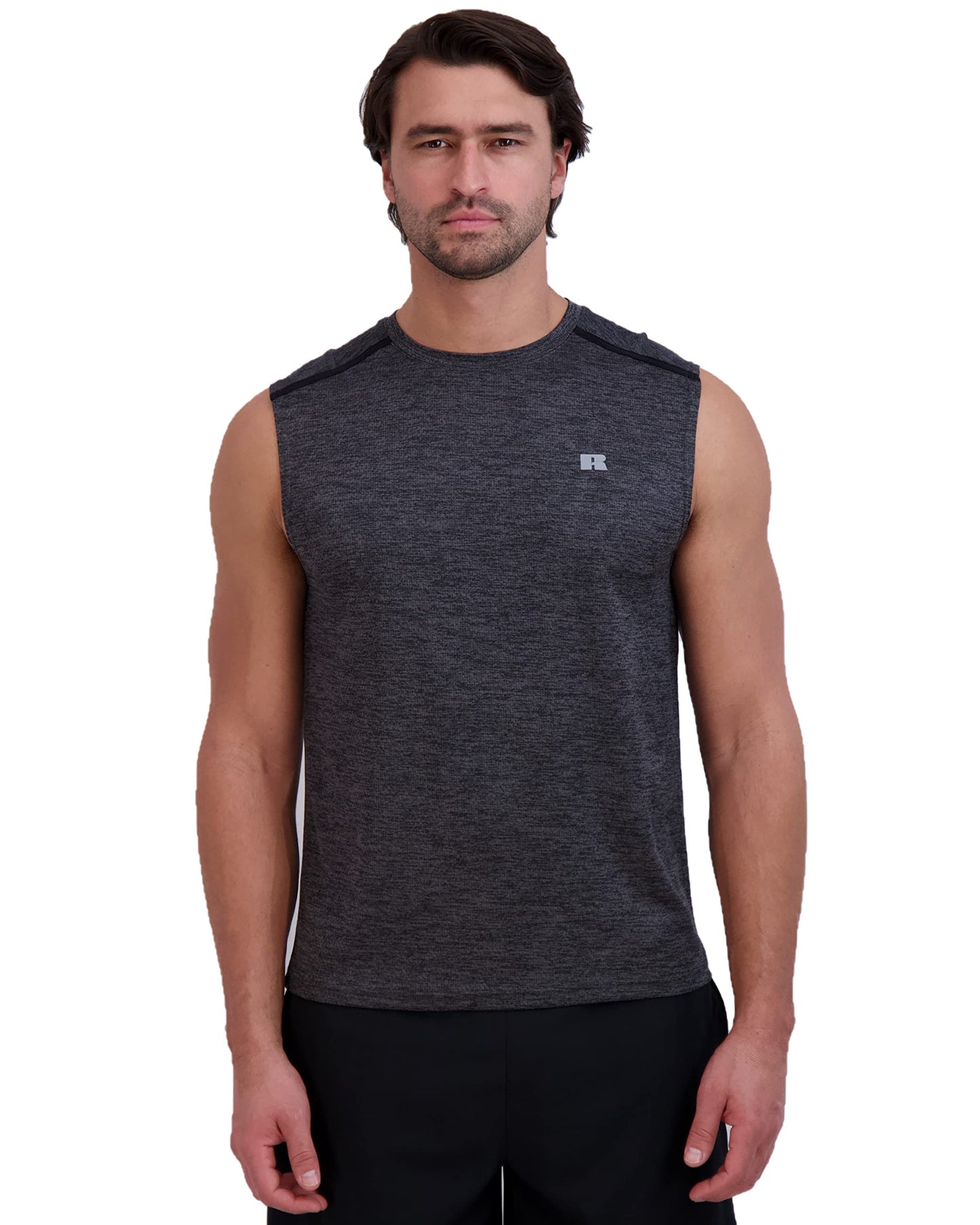 Russell Athletic Mens Dri-Power Space-Dye Short Sleeve Crew Neck Performance Muscle Tee, Black, S
