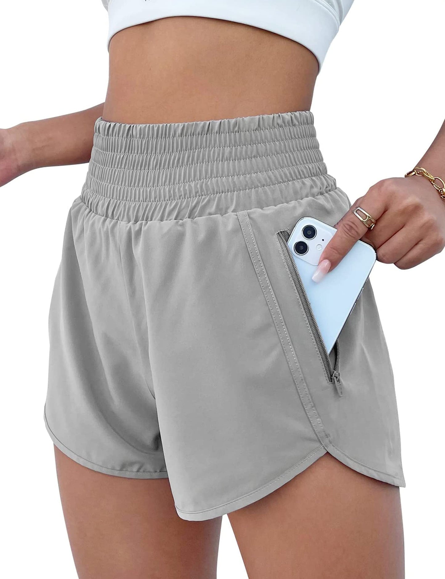 BMJL Women's Athletic Shorts High Waisted Running Short Pocket 2.5" Sporty Shorts Gym Elastic Workout Shorts(XS,Grey)