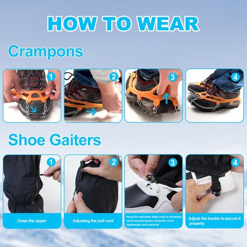 Crampons with Leg Gaiters - Ice Cleats with Adjustable Snow Leg Gaiters - Men's and Women's Traction Snow Grips and Gaiters for Hiking, Mountaineering, and Rock Climbing(M)