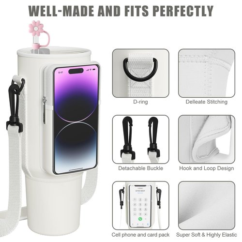 Water Bottle Holder with Strap for Stanley 40oz Tumbler with Handle, Water Bottle Carrier Bag with Phone Pocket, 2 Straw Covers, 6 Silicone Spill Proof Stopper for Stanley Cup Accessories(Cream)