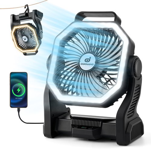 Odoland Rechargeable Camping Fan, 20000mAh Battery Fans with LED Lantern for Tent Car Beach Storm, Portable Ventilador Recargable Light Desk Fan for Picnic Power Outage Hurricane, Black