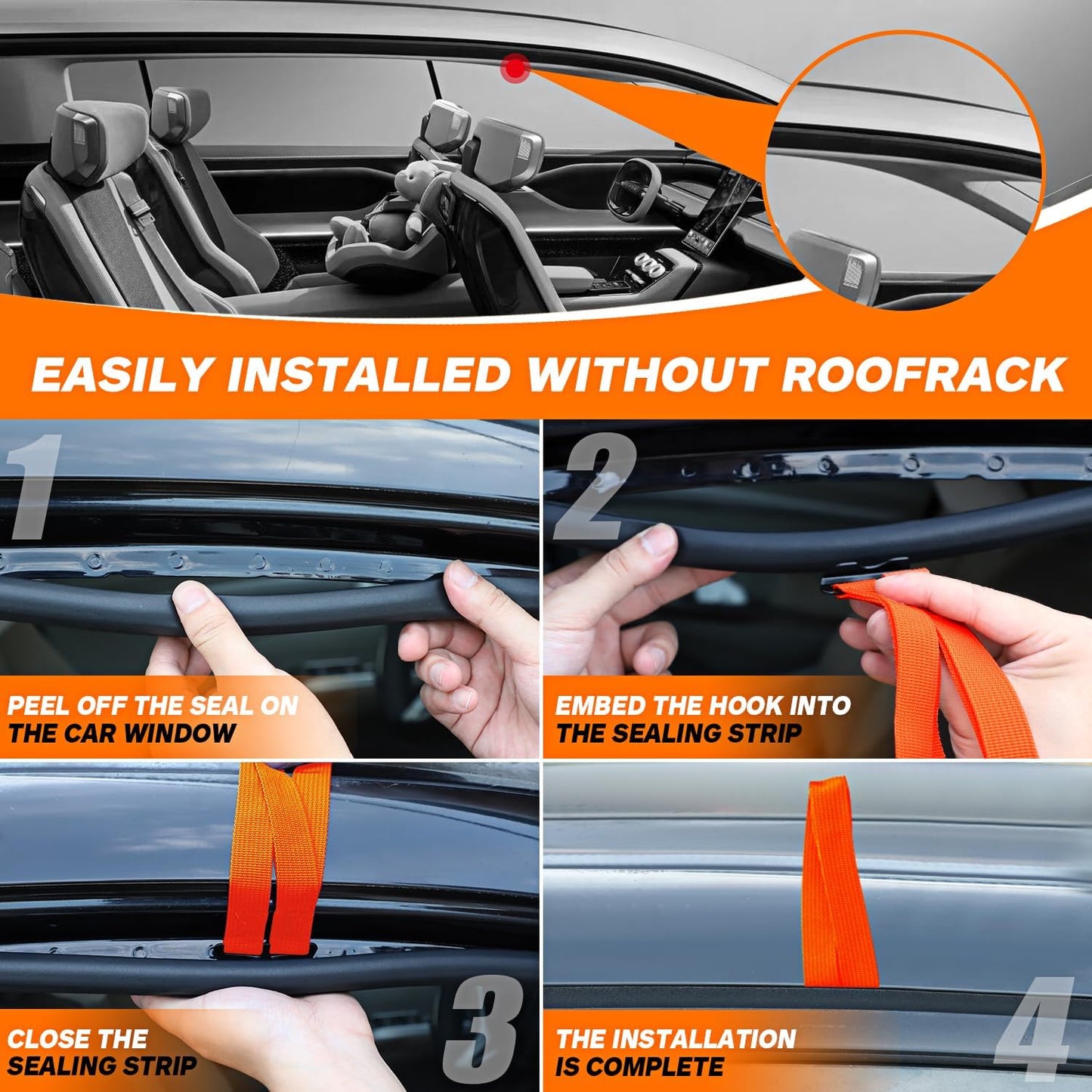 6 Car Door Hook Straps with Double Loops - Universal Roof Rack Straps for Secure Cargo, No Roof Rack Needed, Heavy-Duty Waterproof Design, Compatible with Most Cars(Orange)