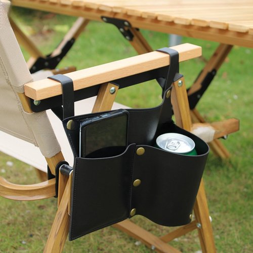 Taolivingmart Camping Armrest Storage Bag,with Two PU Leather Pockets, Extended Back Buckle PU Leather Beach Chair Storage Bag, Side Hanging Bag for Beach Chair/Fold up Chair (Black)