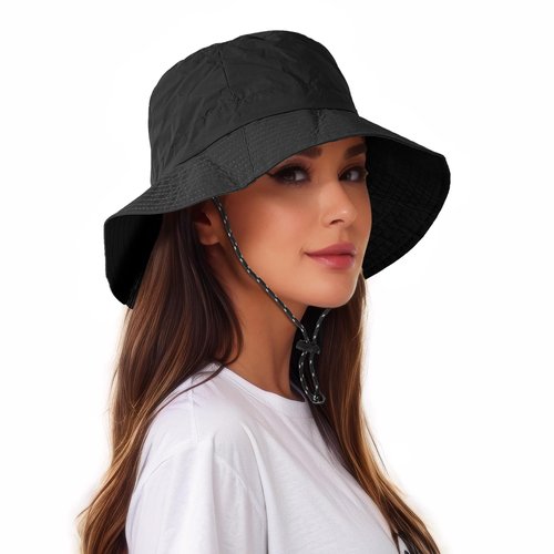 Waterproof Bucket Hat Women - UV Protection Rain Hats Ladies Packable Foldable Fishing Hat Outdoor Travel Hiking Black