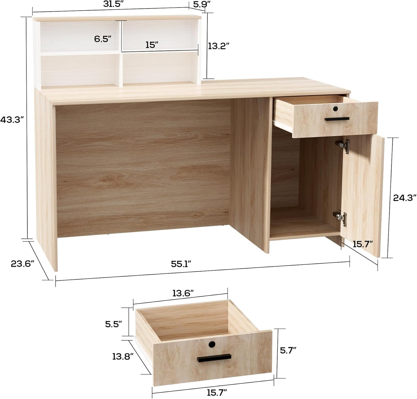 TUSY Modern Reception Desk with Storage Drawers, 55.1" Office Counter with Power Outlets, Contrast Color Secretary Table, Front Desks for Salon, Lobby – White (55.1" W x 23.6" D x 43.3" H)
