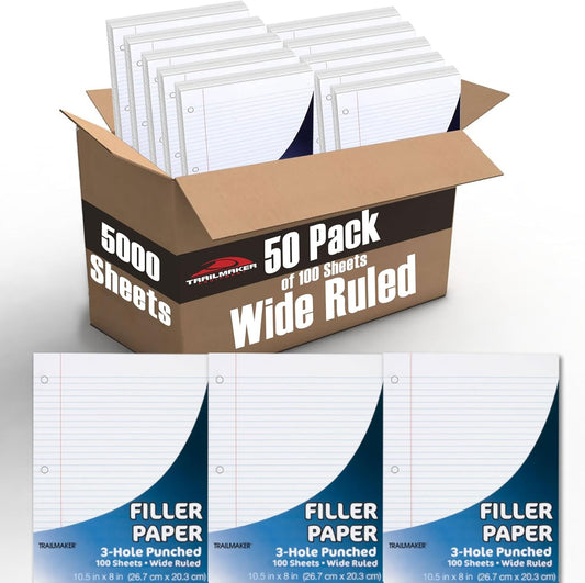 50 Pack Bulk Binder Paper Wide Ruled, 3 Hole Punched Loose Leaf Binder Paper Bulk - 100 Sheets (200 Double-Sided Pages)