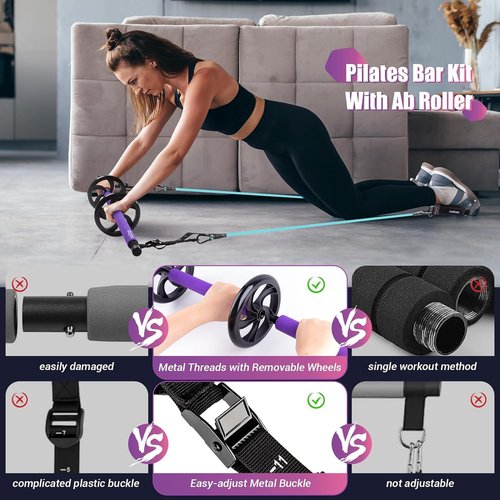 Pilates Bar Kit with Stackable Resistance Bands - Workout Equipment for Legs, Hip, Waist, Arms - Fitness Equipment for Women & Men Home Gym Yoga