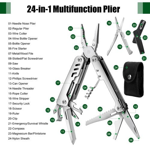AWY68ZMGO 24-in-1 Multitool, Multitool Plier with Scissor, Saw, Screwdriver, Fire Starter, Whistle, Security Lock, etc. for Camping, Hiking, Simple Repair, Gift